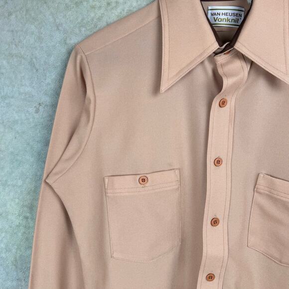 VTG 80s Van Heusen Button Up Shirt Sz L Tan VanKnit Plain Army Military - Picture 7 of 8